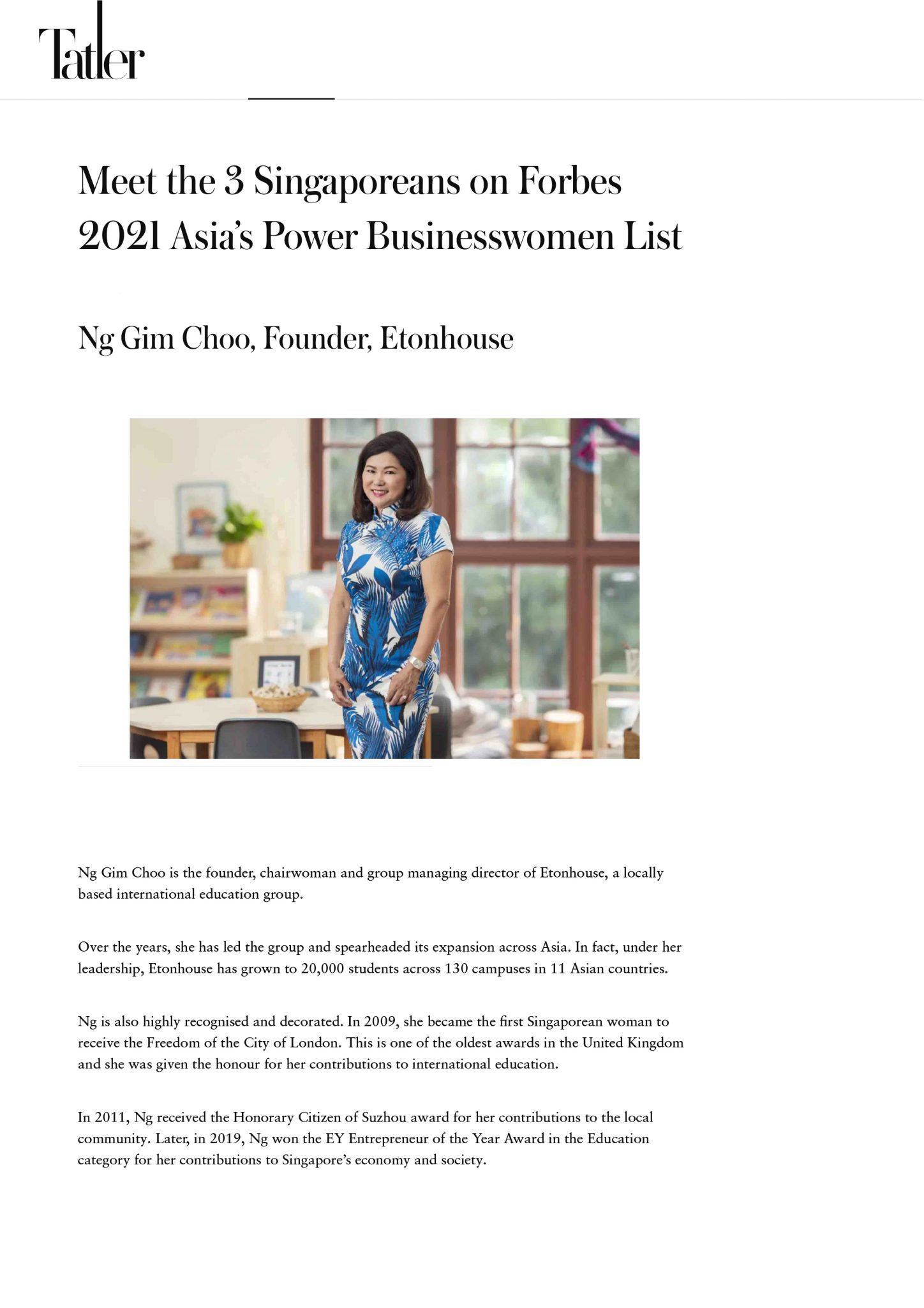 Tatler article featuring Mrs Ng in Forbes Asias Power Businesswomen