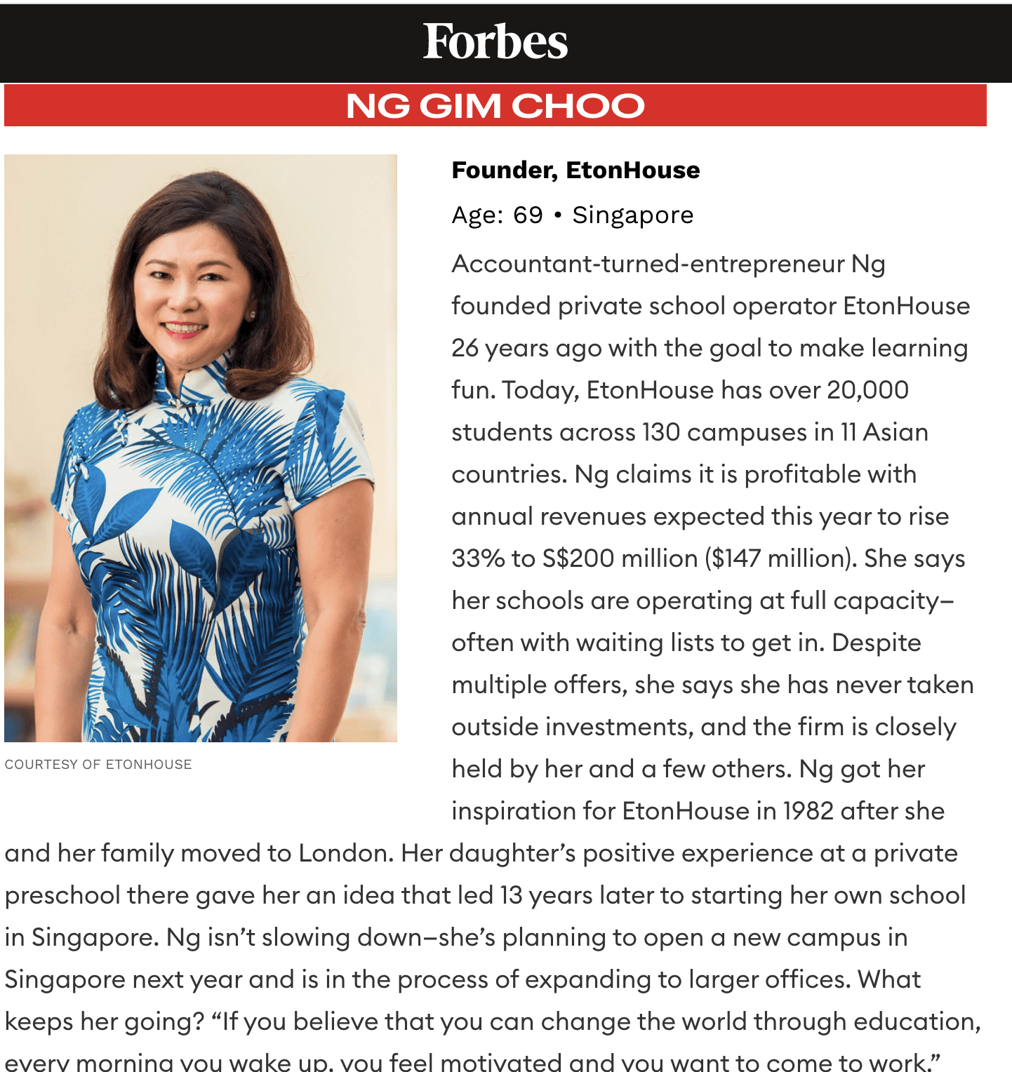 Article featuring Mrs Ng in Forbes 2021 Asias Power Businesswomen
