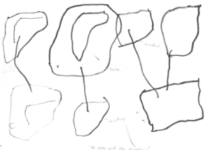A childs drawing of seats and windows