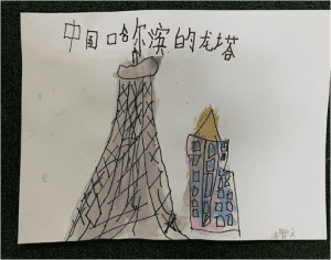 A childs drawing of two buildings