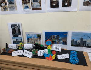 Tabletop with student art projects seated on top