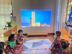 Students discussing the landmark shown on the projector