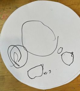 A childs rough drawing of a meal layout