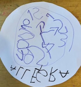 A childs hand drawn clock using a plate