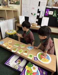 Child examining flashcards of different foods
